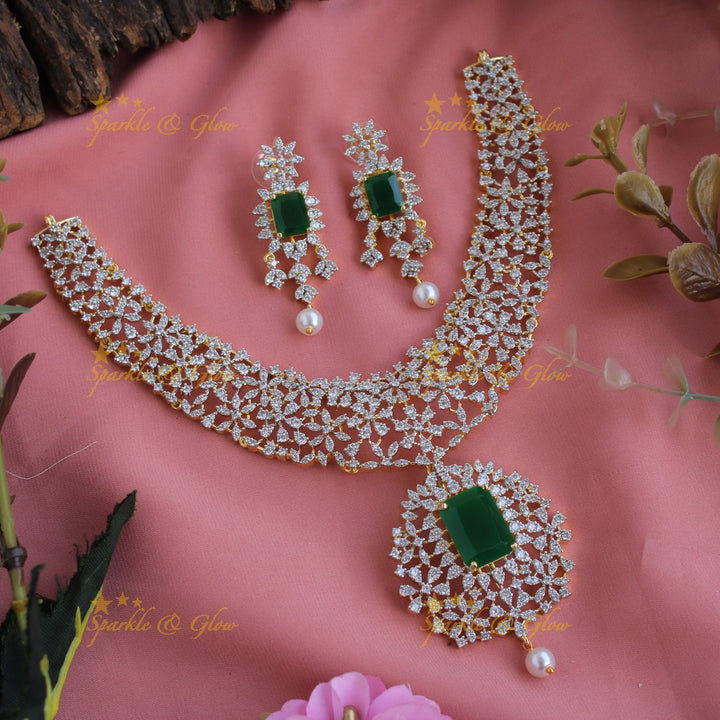 Exclusive floral design American diamond short necklace with emerald - green