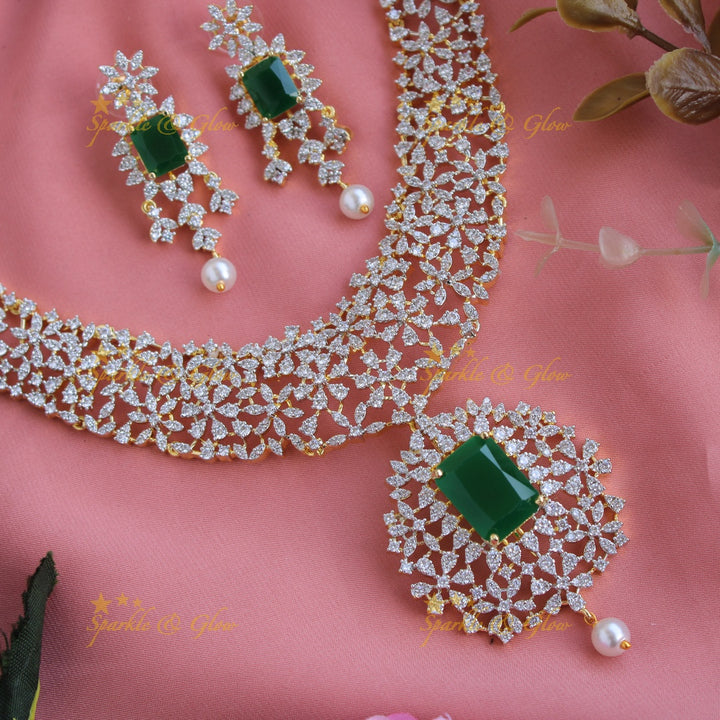 Exclusive floral design American diamond short necklace with emerald - green
