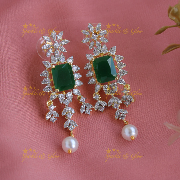 Exclusive floral design American diamond short necklace with emerald - green