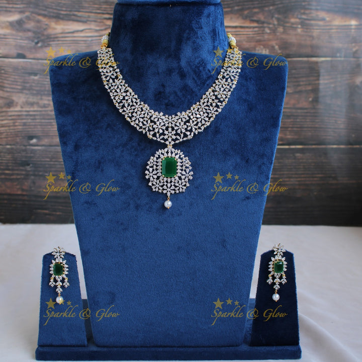 Exclusive floral design American diamond short necklace with emerald - green