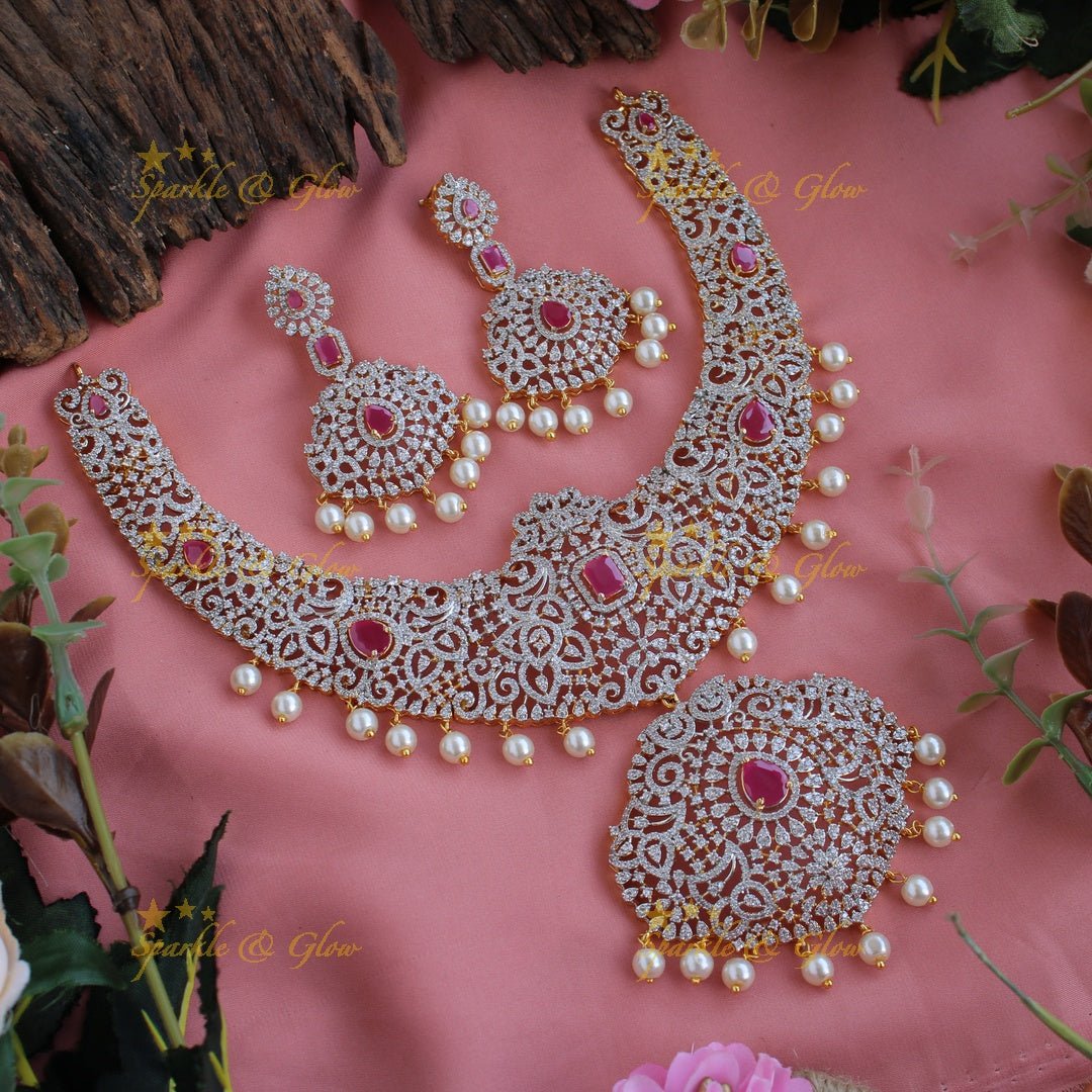 Grand intricate Peacock floral design American diamond short necklace with pearls and ruby - Sparkle and Glow - Back Thread - 