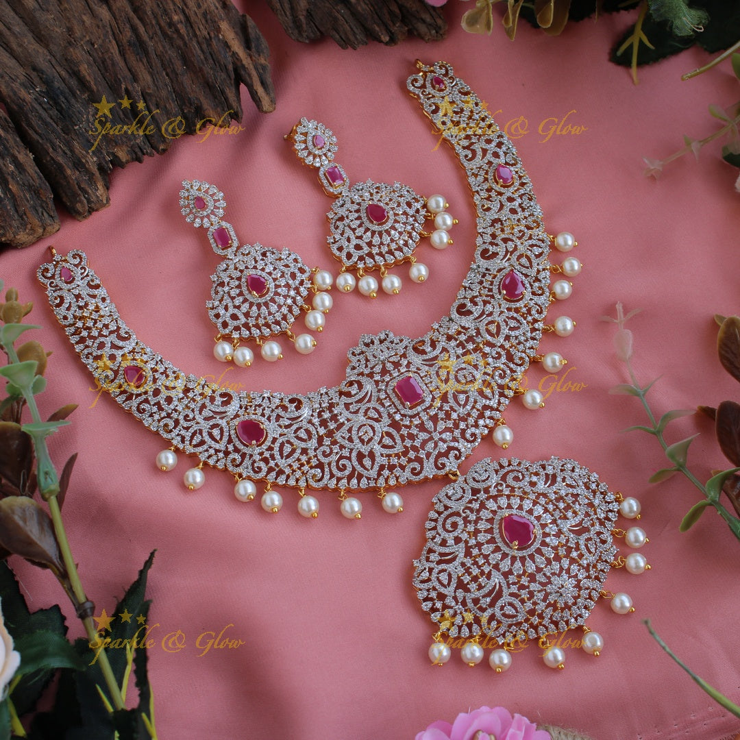 Grand intricate Peacock floral design American diamond short necklace with pearls and emerald - green