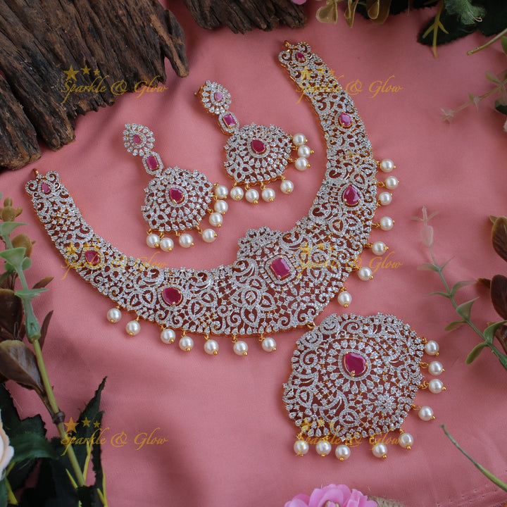 Grand intricate Peacock floral design American diamond short necklace with pearls and emerald - green