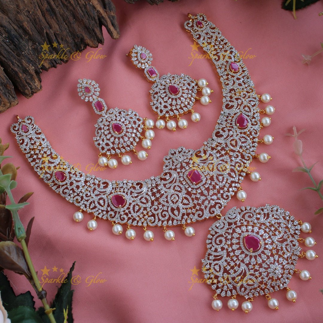 Grand intricate Peacock floral design American diamond short necklace with pearls and ruby - Sparkle and Glow - Back Thread - 