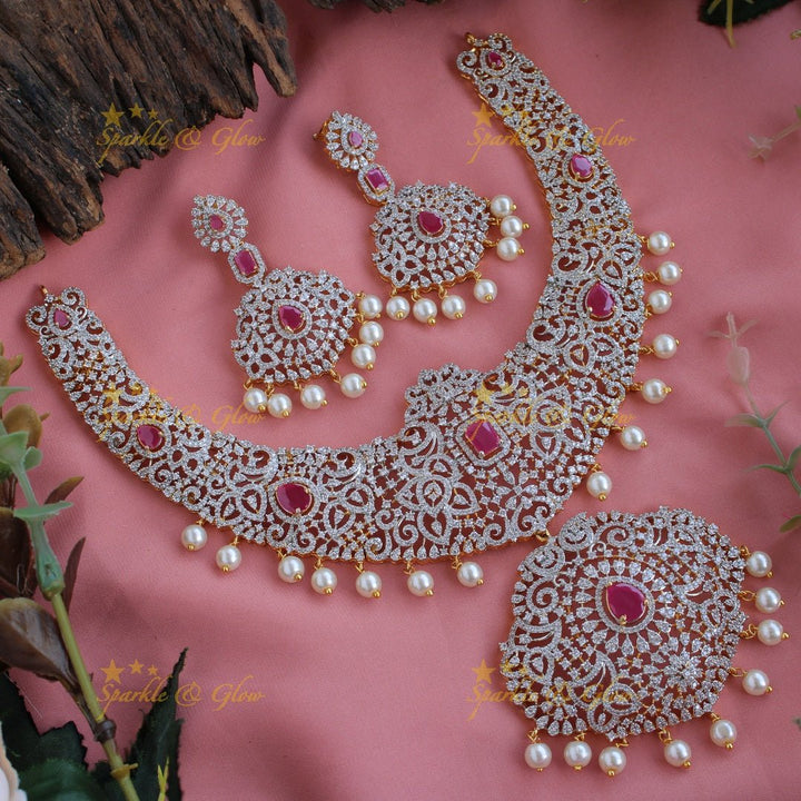 Grand intricate Peacock floral design American diamond short necklace with pearls and ruby - Sparkle and Glow - Back Thread - 