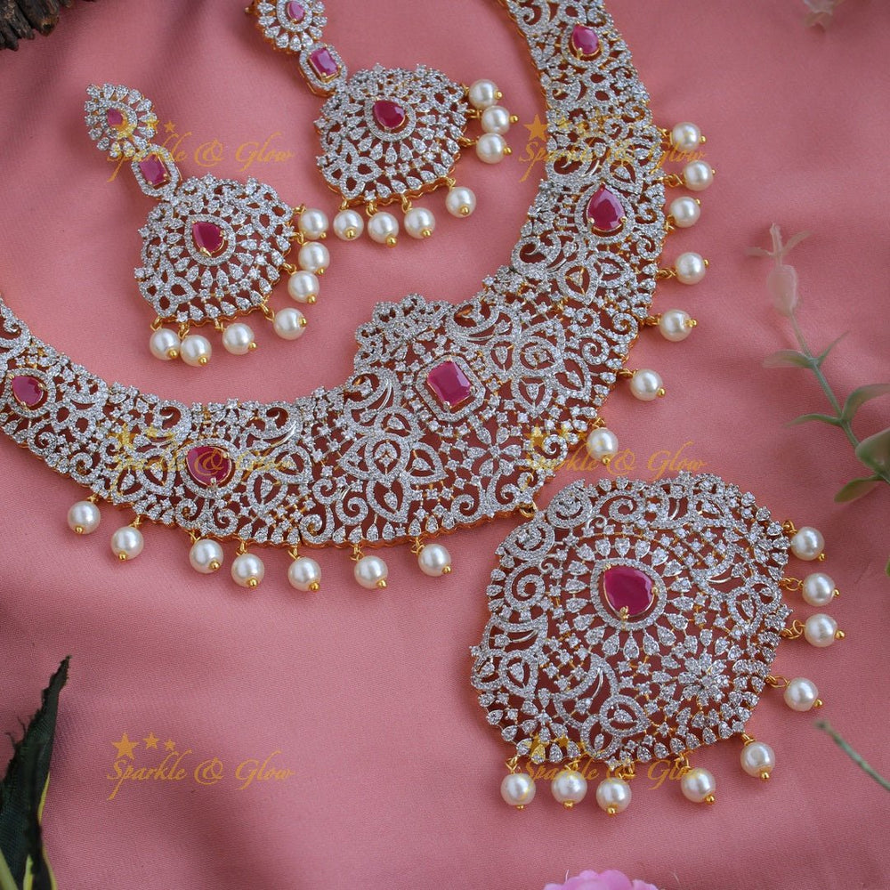 Grand intricate Peacock floral design American diamond short necklace with pearls and ruby - Sparkle and Glow - Back Thread - 