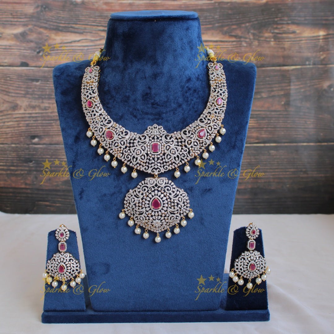 Grand intricate Peacock floral design American diamond short necklace with pearls and ruby - Sparkle and Glow - Back Thread - 