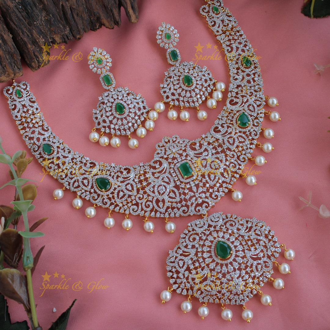 Grand intricate Peacock floral design American diamond short necklace with pearls and emerald - green