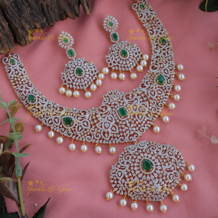 Grand intricate Peacock floral design American diamond short necklace with pearls and emerald - green