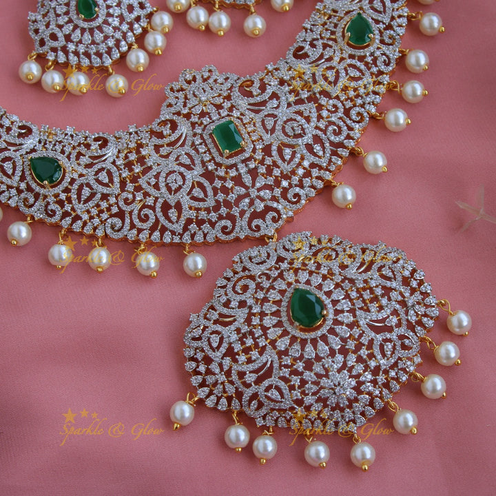 Grand intricate Peacock floral design American diamond short necklace with pearls and emerald - green