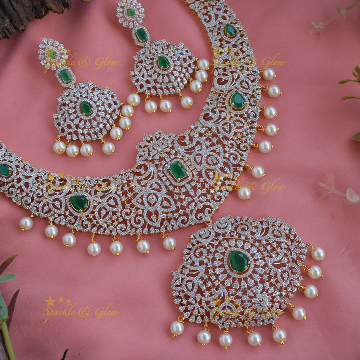Grand intricate Peacock floral design American diamond short necklace with pearls and emerald - green