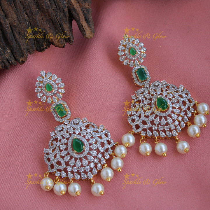 Grand intricate Peacock floral design American diamond short necklace with pearls and emerald - green