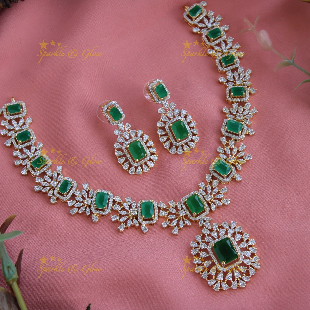 Elegant Flower design American diamond short necklace with ruby - pink