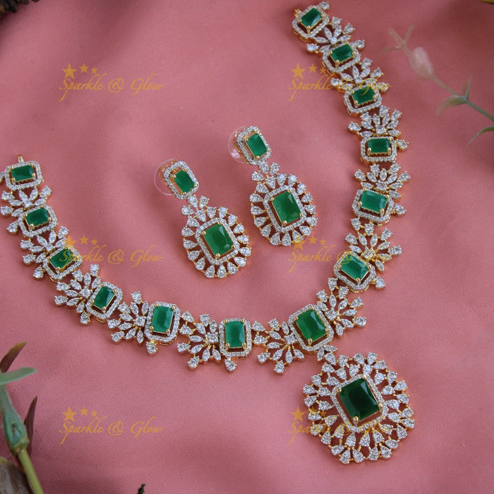 Elegant Flower design American diamond short necklace with ruby - pink