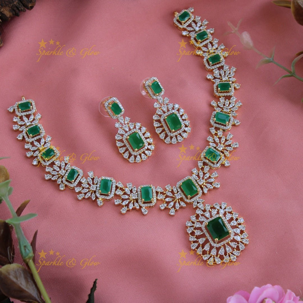 Elegant Flower design American diamond short necklace with emeralds - Sparkle and Glow - Back Thread - 