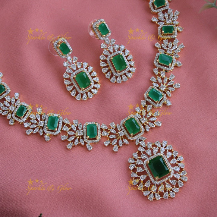 Elegant Flower design American diamond short necklace with emeralds - Sparkle and Glow - Back Thread - 