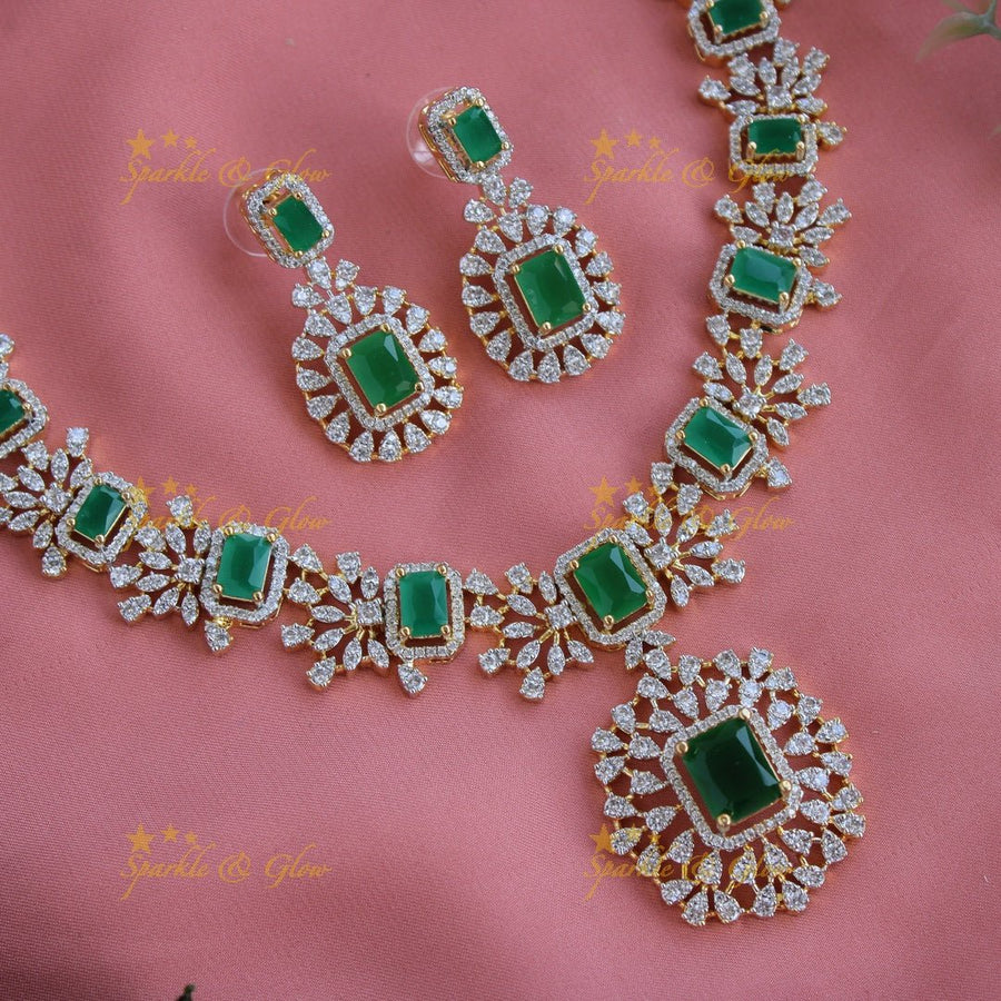 Elegant Flower design American diamond short necklace with emeralds - Sparkle and Glow - Back Thread - 