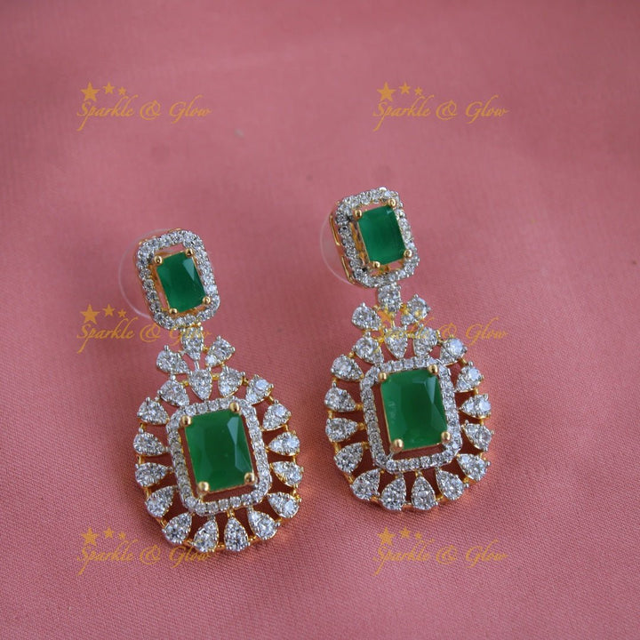 Elegant Flower design American diamond short necklace with emeralds - Sparkle and Glow - Back Thread - 