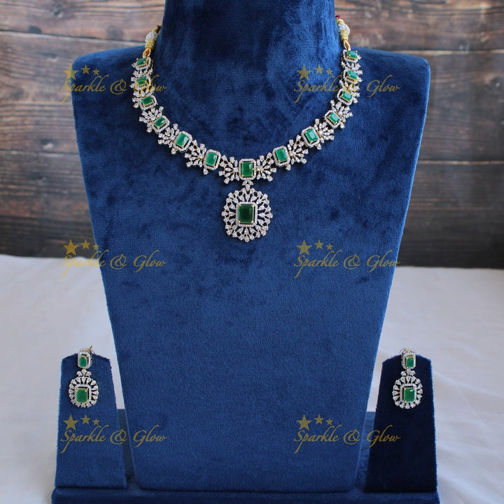 Elegant Flower design American diamond short necklace with emeralds - Sparkle and Glow - Back Thread - 