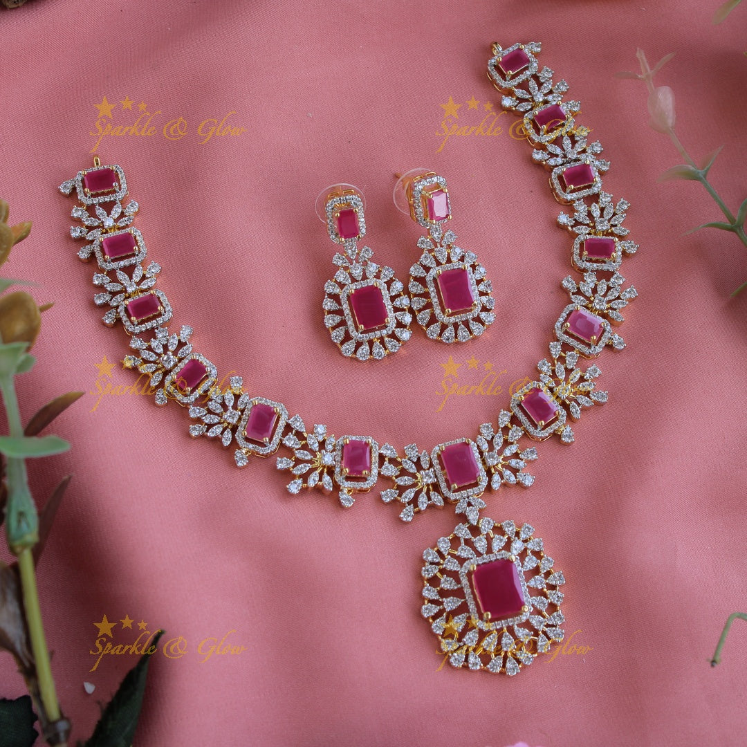 Elegant Flower design American diamond short necklace with ruby - pink