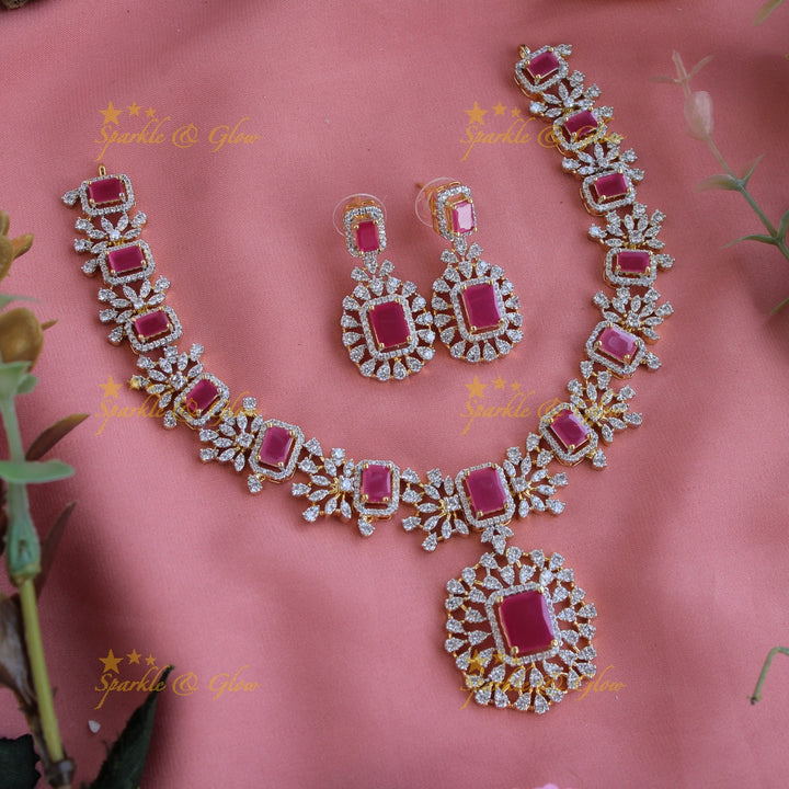 Elegant Flower design American diamond short necklace with ruby - pink
