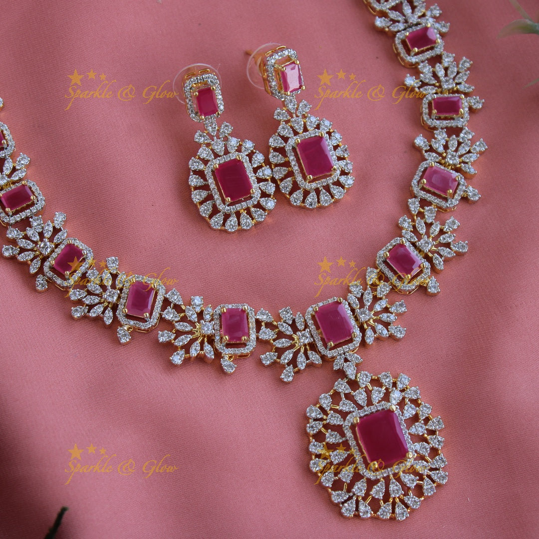 Elegant Flower design American diamond short necklace with ruby - pink