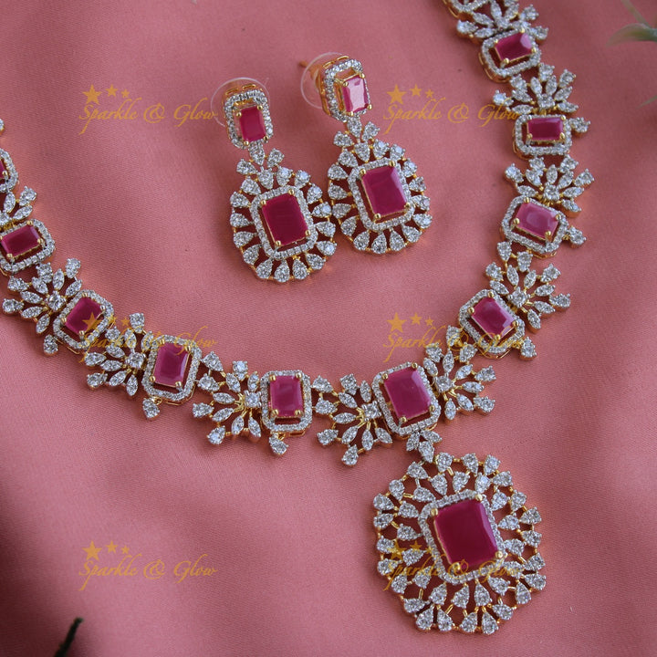 Elegant Flower design American diamond short necklace with ruby - pink
