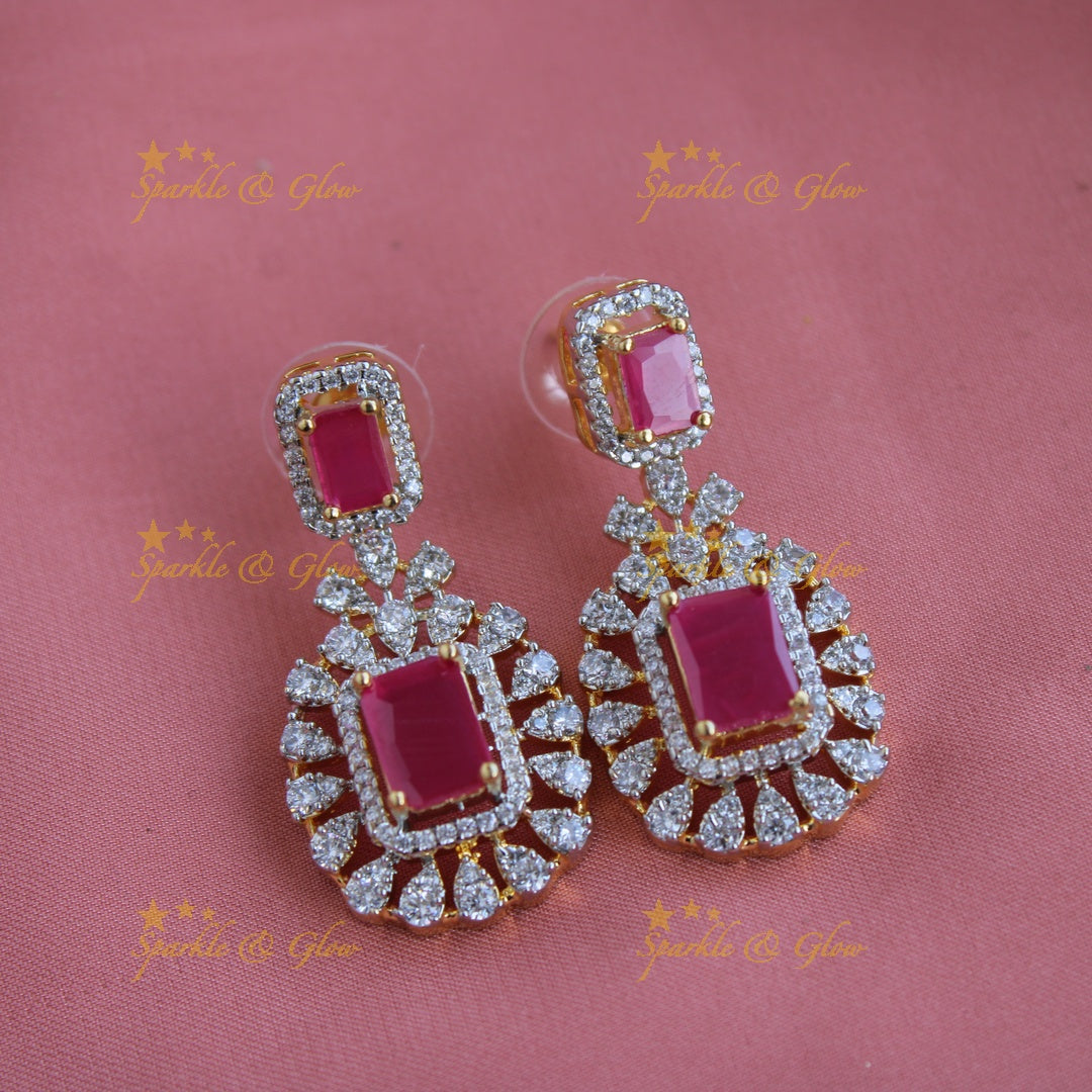 Elegant Flower design American diamond short necklace with ruby - pink