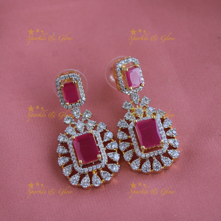Elegant Flower design American diamond short necklace with ruby - pink