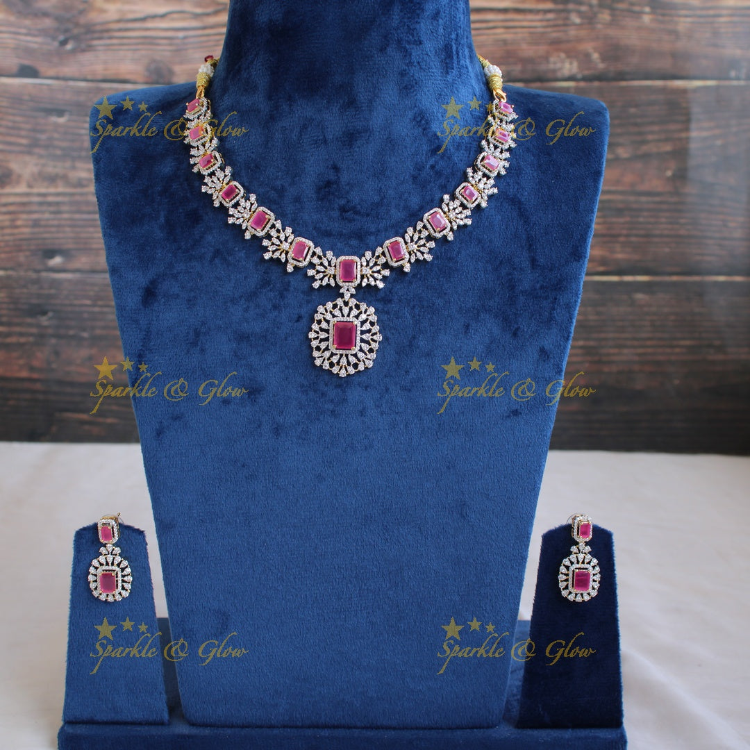 Elegant Flower design American diamond short necklace with ruby - pink
