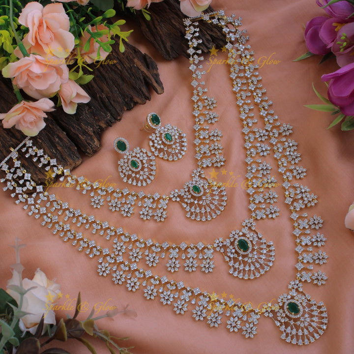 Exquisite Floral drop design American diamond layer haram with ruby - pink