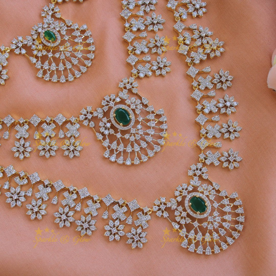 Exquisite Floral drop design American diamond layer haram with emerald - Sparkle and Glow - Back Thread - 