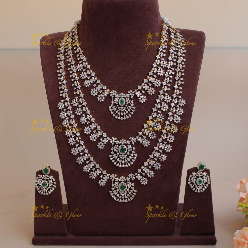 Exquisite Floral drop design American diamond layer haram with emerald - Sparkle and Glow - Back Thread - 