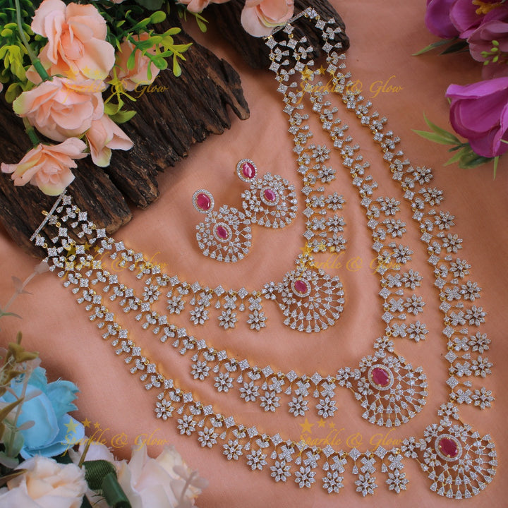 Exquisite Floral drop design American diamond layer haram with ruby - pink