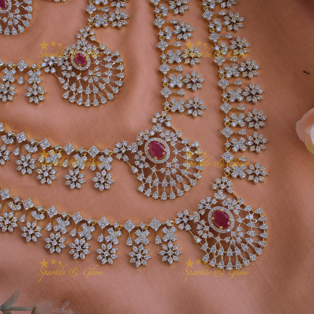 Exquisite Floral drop design American diamond layer haram with ruby - pink