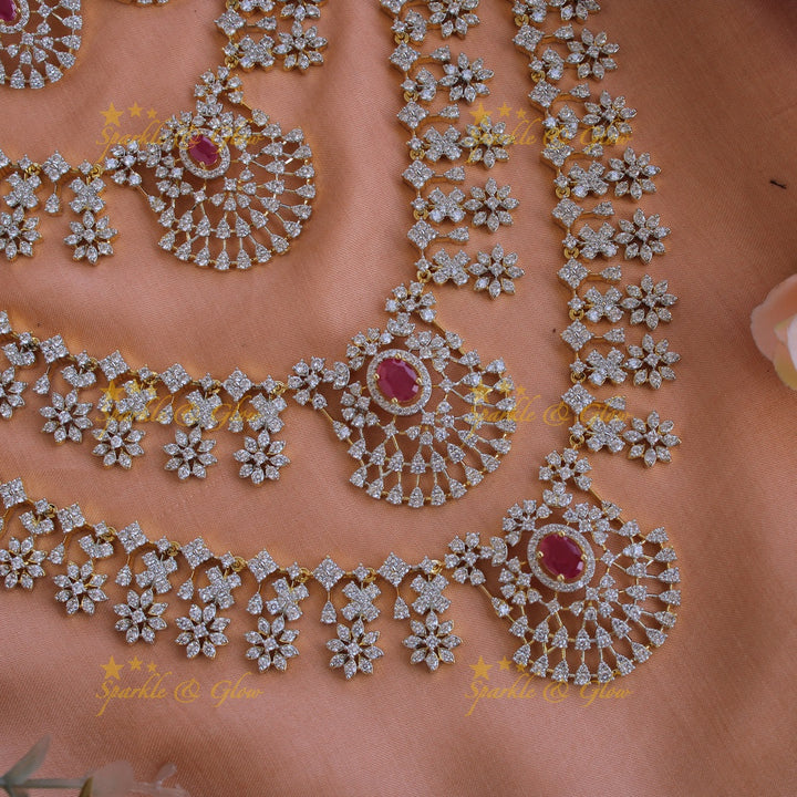 Exquisite Floral drop design American diamond layer haram with ruby - pink