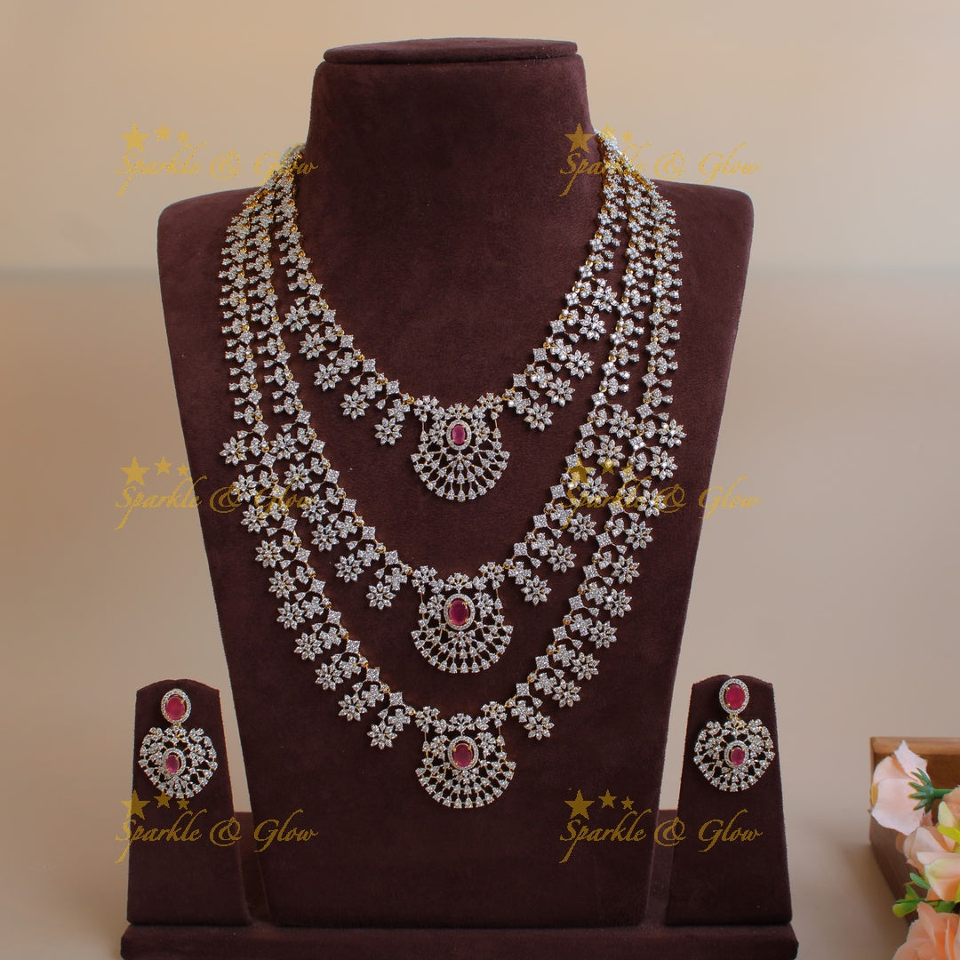 Exquisite Floral drop design American diamond layer haram with ruby - pink
