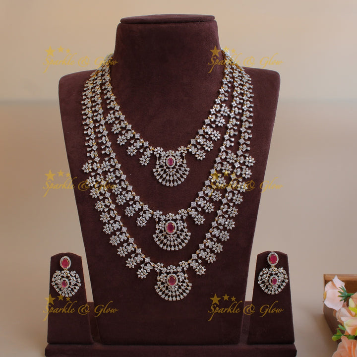 Exquisite Floral drop design American diamond layer haram with ruby - pink