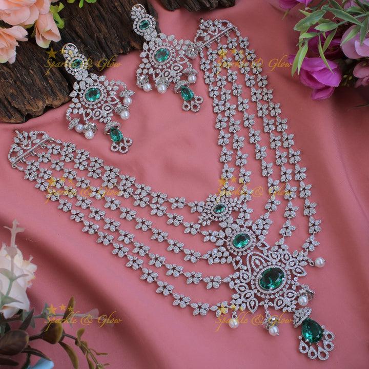Stunning Floral design American diamond layer haram with jhumuka drops - Baby pink