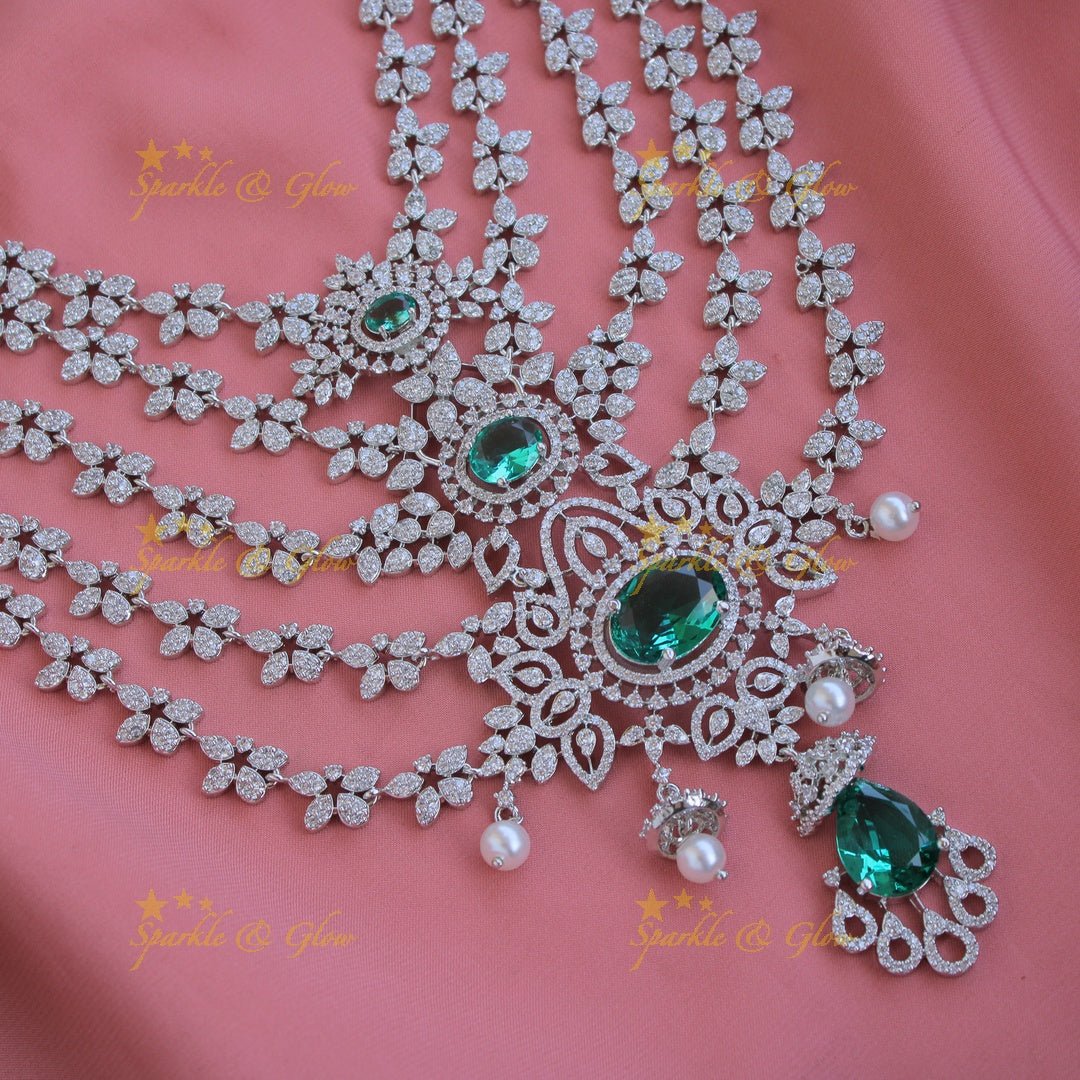 Stunning Floral design American diamond layer haram with jhumuka drops - Sparkle and Glow - Back Thread - 