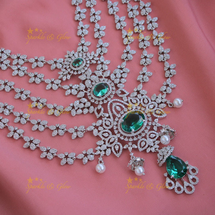 Stunning Floral design American diamond layer haram with jhumuka drops - Sparkle and Glow - Back Thread - 
