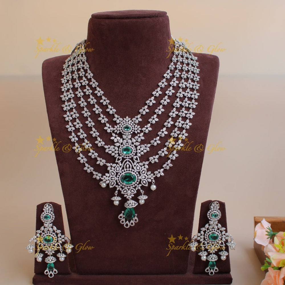 Stunning Floral design American diamond layer haram with jhumuka drops - Sparkle and Glow - Back Thread - 