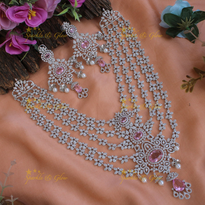 Stunning Floral design American diamond layer haram with jhumuka drops - Honey
