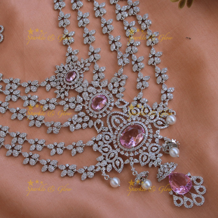 Stunning Floral design American diamond layer haram with jhumuka drops - Baby pink