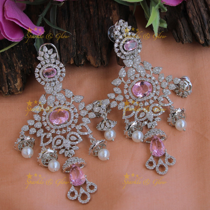 Stunning Floral design American diamond layer haram with jhumuka drops - Baby pink