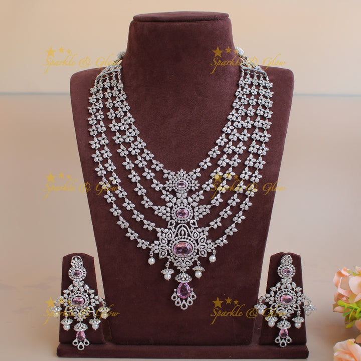 Stunning Floral design American diamond layer haram with jhumuka drops - Baby pink