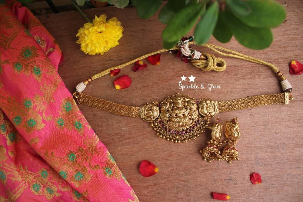 Lakshmi high neck choker with kemp stones - Multi Pearl - Sparkle and Glow