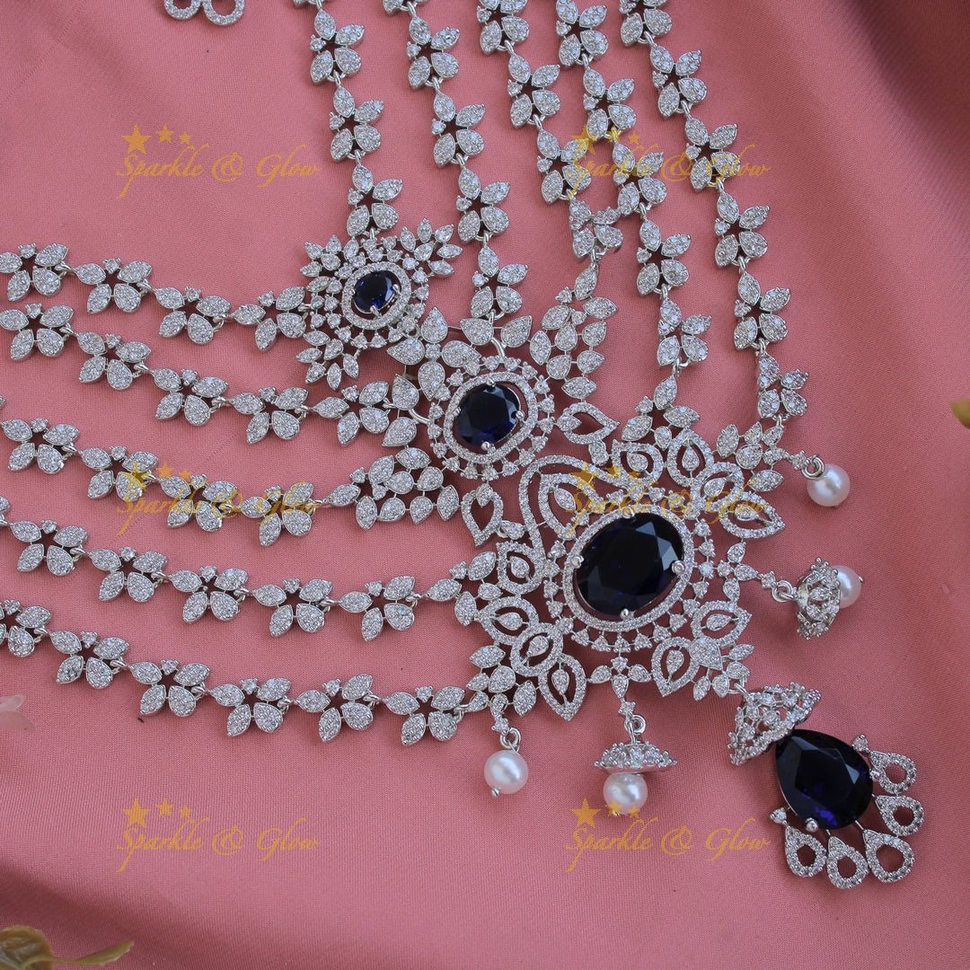 Stunning Floral design American diamond layer haram with jhumuka drops - Navy blue
