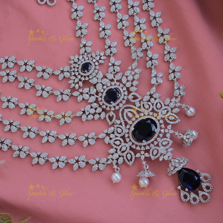 Stunning Floral design American diamond layer haram with jhumuka drops - Navy blue