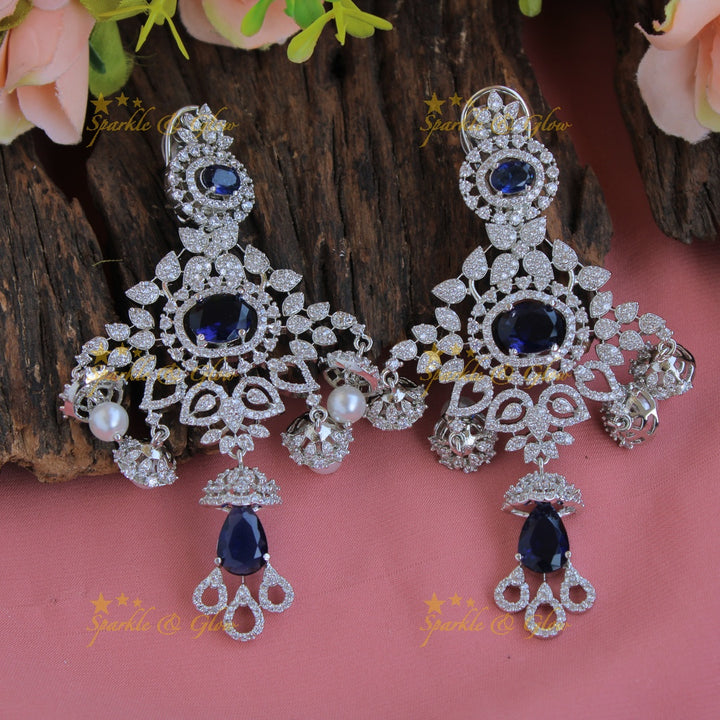 Stunning Floral design American diamond layer haram with jhumuka drops - Navy blue